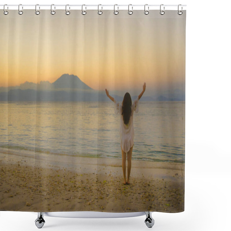 Personality  Young Happy And Healthy Woman Spreading Arms Free Standing On Sand Beach Looking At Horizon Sea Water And Volcano Landscape On The Background  Shower Curtains