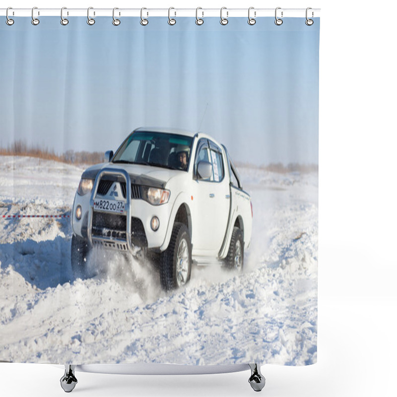 Personality  KHABAROVSK, RUSSIA - JANUARY 31, 2015: Mitsubishi L200 During Of Shower Curtains