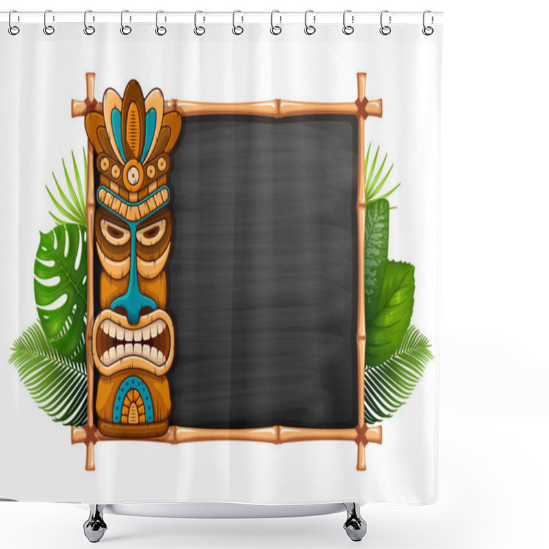 Personality  Tiki Tribal Wooden Mask, Tropical Exotic Plants And Bamboo Frame With Space For Your Text. Hawaiian Traditional Elements, Totem Symbol. Isolated On White Background. Vector Illustration. Shower Curtains