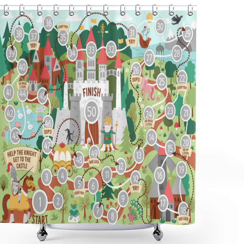 Personality  Fairytale Dice Board Game For Children With Medieval Village Landscape. Magic Kingdom Boardgame.  Fairy Tale Activity Or Printable Worksheet For Kids. Help The Knight Get To The Castl Shower Curtains