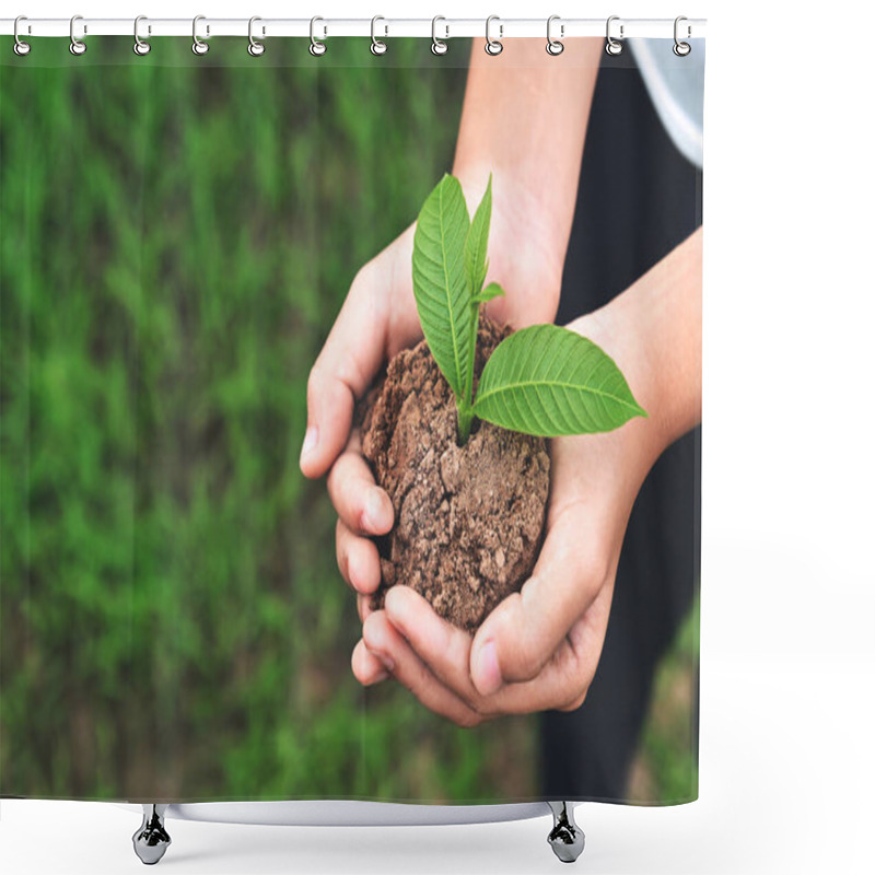 Personality  Close Up Hand Of Children Holding Young Plant On Green Grass Background. Environment Earth Day Concept Shower Curtains