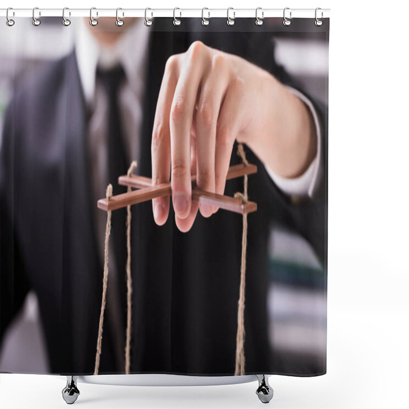 Personality  Close-up Of A Businessperson's Hand Manipulating Marionette With String Shower Curtains