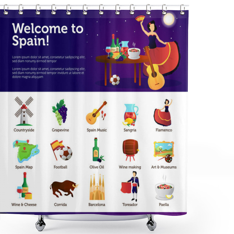 Personality  Welcome To Spain Infographic Symbols Poster Shower Curtains