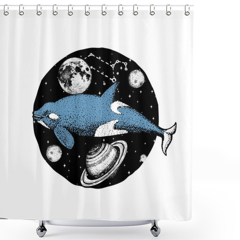 Personality  Blue Whale And Planets In Solar System. Astronomical Galaxy Space. Explore Adventure. Engraved Hand Drawn In Old Sketch.  Shower Curtains