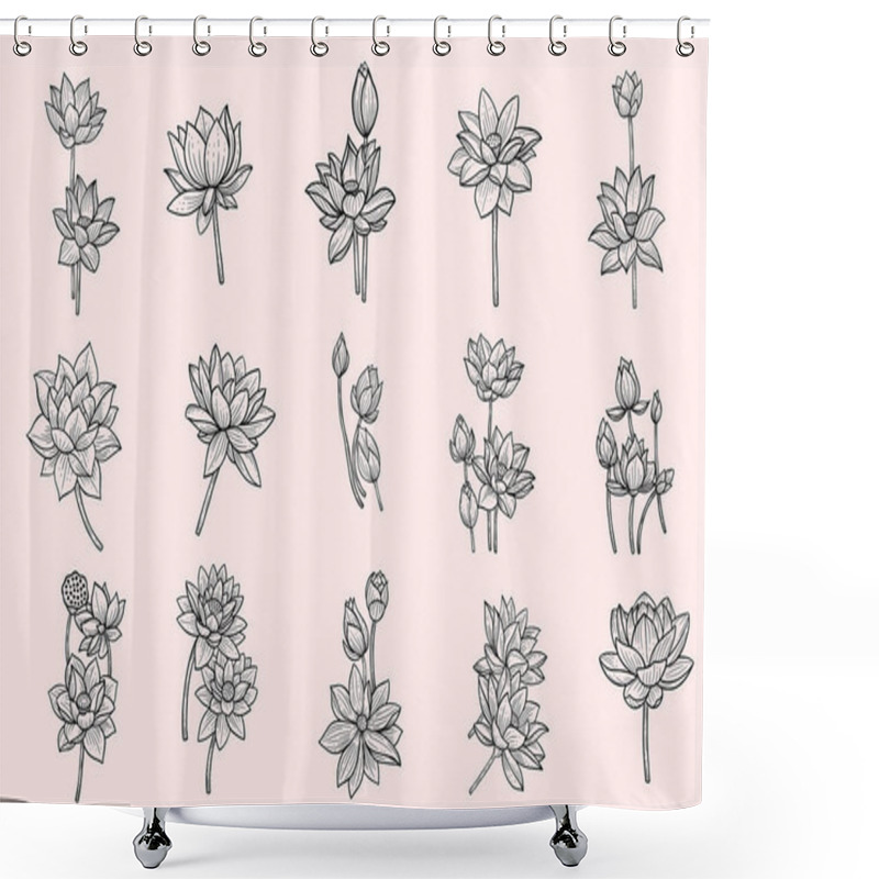 Personality  Set Of Collection Bundle Hand Drawn Flower Lotus Leafs Naturals Isolated Sticker Black Botanical Line Art Illustration Shower Curtains