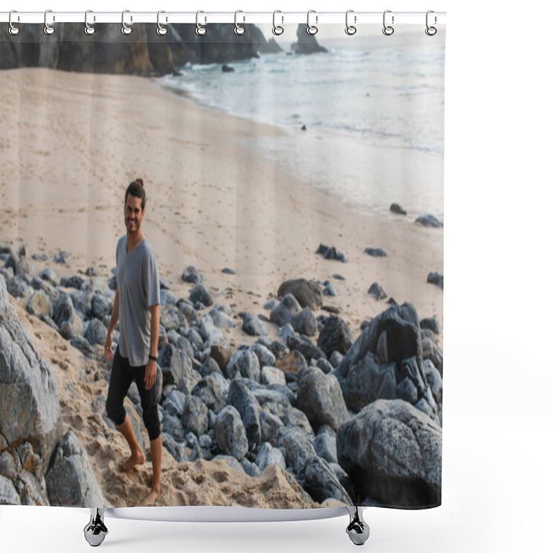 Personality  Happy And Bearded Man In T-shirt Standing Near Stones On Beach Near Ocean Shower Curtains