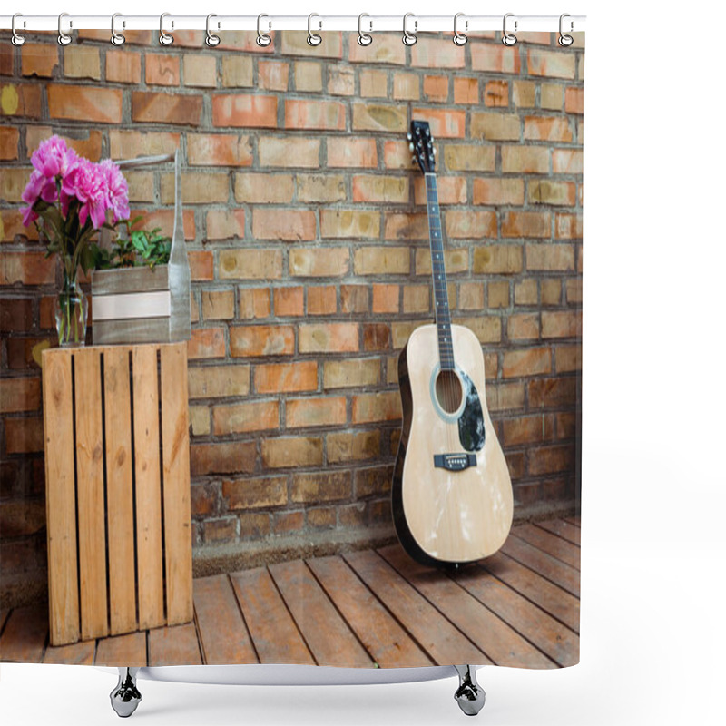 Personality  Pink Peonies In Vase Near Acoustic Guitar And Brick Wall  Shower Curtains