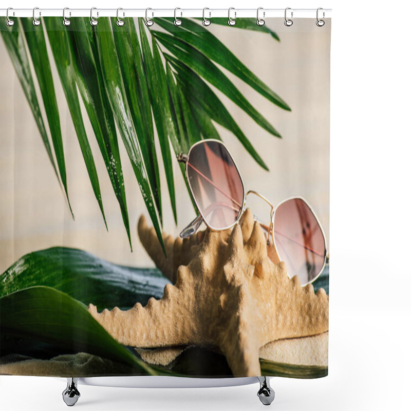 Personality  Sunglasses, Starfish And Palm Leaves On Sandy Beach Shower Curtains