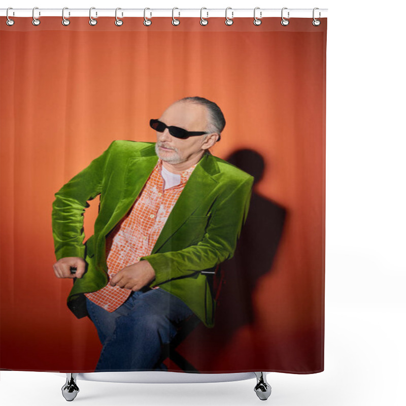 Personality  Senior And Confident Bearded Man Sitting On Chair And Looking Away On Red And Orange Background With Shadow, Fashion Look, Dark Sunglasses, Trendy Shirt, Green Velour Blazer, Fashion And Age Concept Shower Curtains