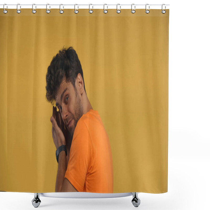 Personality  Man With Cupped Hands Looking At Camera Isolated On Yellow Shower Curtains