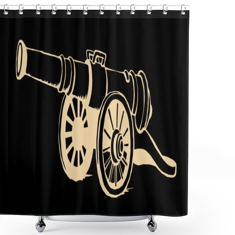 Personality  Line Past Bronze Pirate Armory Arsenal On White Text Space. Outline Dark Black Ink Hand Drawn Safety Gunnery Object Logo Pictogram Emblem Design In Aged Art Doodle Engrave Print Style. Closeup View Shower Curtains