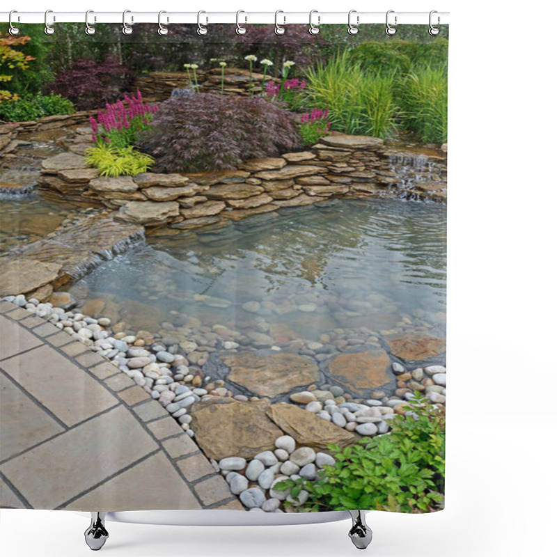 Personality  The Pond Area In An Aquatic Garden And Planted Rockery  Shower Curtains