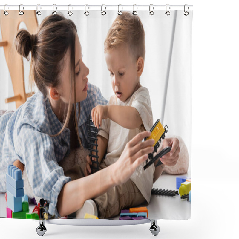 Personality  Mother And Child Playing With Toy Railway On White Shower Curtains