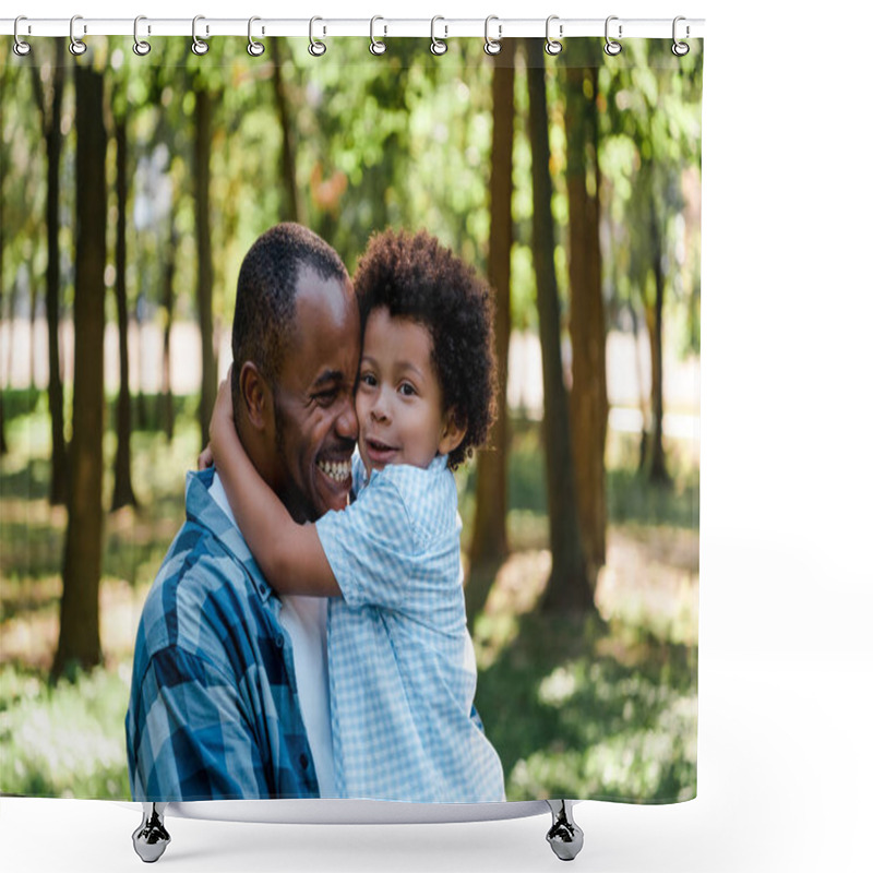 Personality  Cute African American Kid Hugging Happy Father  Shower Curtains