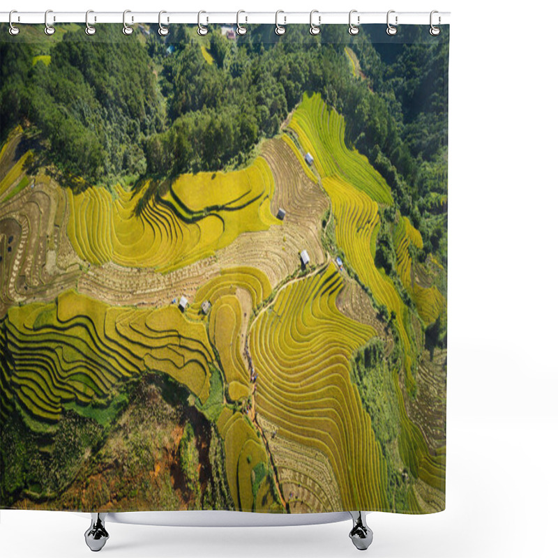 Personality  Aerial Image Of Beautiful Ripen Rice Fields In Mu Cang Chai, Vietnam In Harvesting Time. Shower Curtains