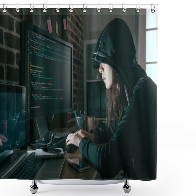 Personality  Professional Female Hacker Using Keyboard Typing Shower Curtains