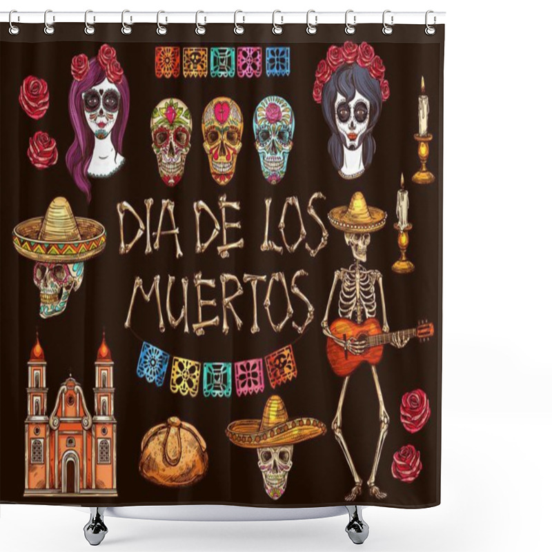 Personality  Mexican Day Of Dead Skulls And Skeleton Symbols Shower Curtains