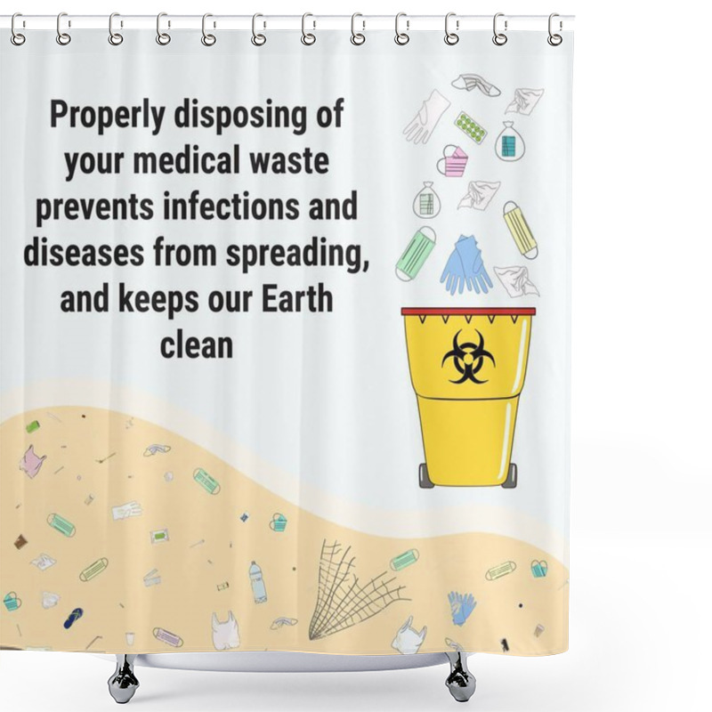 Personality  Discarded Single-use Safety Face Masks Pollute Beaches And Ocean And Beach. Coronavirus And Flu Face Masks Have An Impact On The Environment. Disposal Of Medical Waste. Hand Drawn Vector Illustration. Shower Curtains