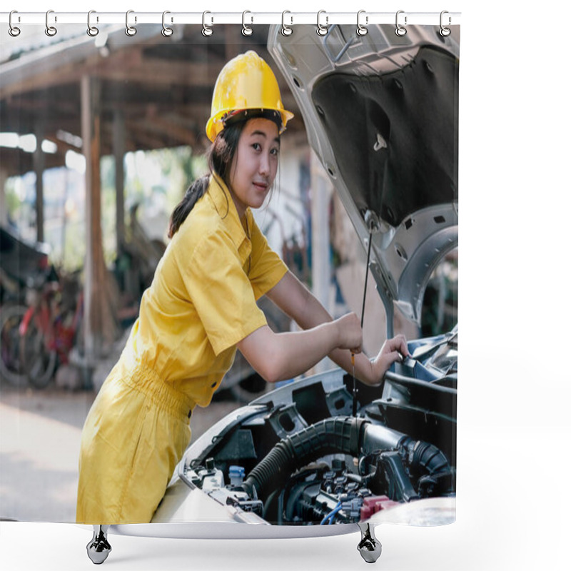 Personality  Asian Automotive Mechanic Girl With Yellow Suit And Helmet Check The Engine And System Of The Car During Day Time. Shower Curtains