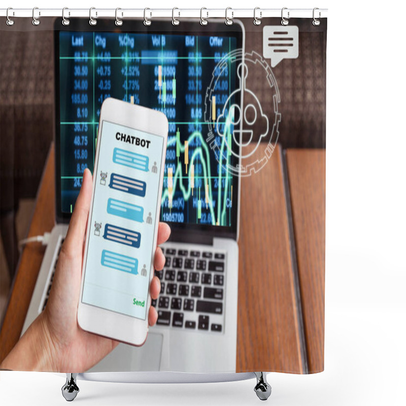 Personality  Female Hand Holding Mobile Phone Showing The Chatbot Message While Being Decided Place The Order Over The Stock Market Chart Over The Computer Laptop Screen, Business Investment With AI Concept Shower Curtains