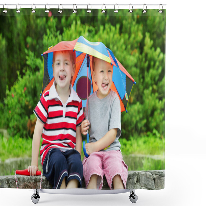 Personality  Two Funny Kids Friends Sitting Under Umbrella Outdoor. Summer Shower Curtains