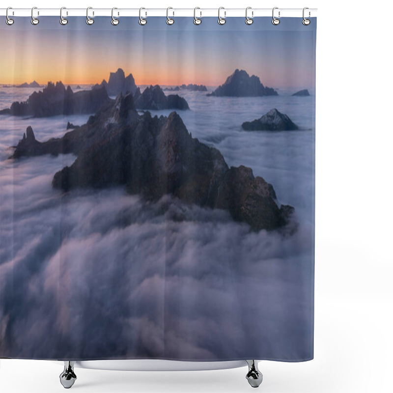 Personality  View Of Famous Dolomites Mountain Peaks Glowing In Beautiful Golden Morning Light At Sunrise In Summer, South Tyrol,Italy Dramatic View Of Dolomites Mountains Above The Clouds Famous Best Alpine Place Shower Curtains