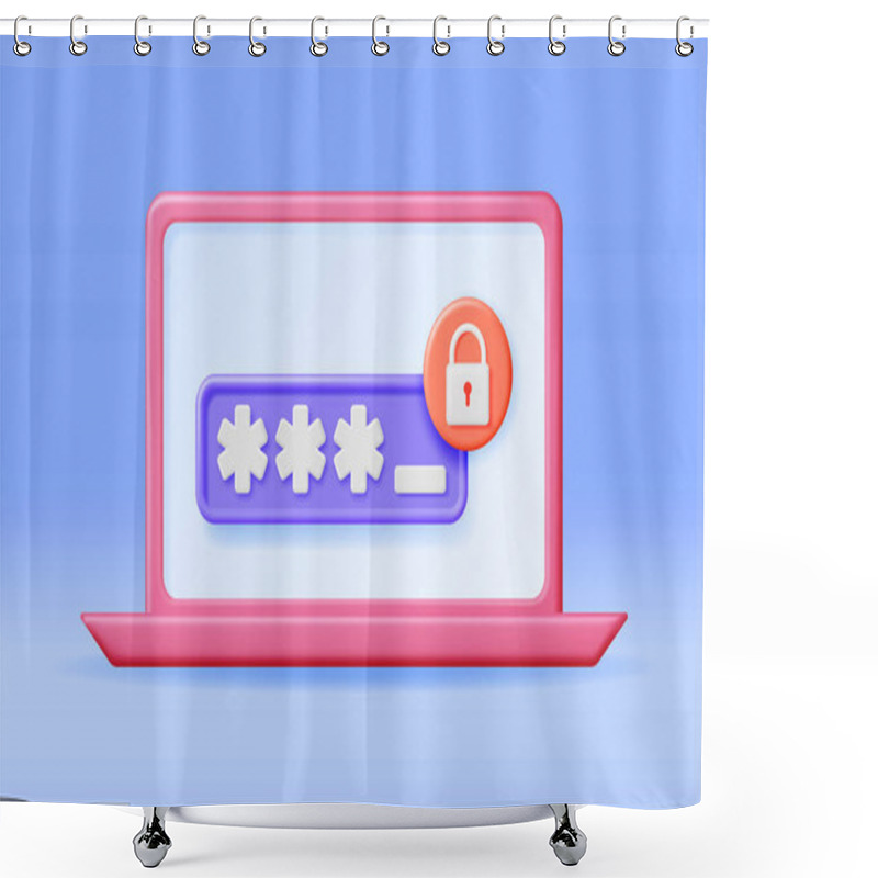 Personality  3D Laptop With Shield Lock And Password On Screen. Render Notebook With Padlock. Concept Of Computer Security, Data Protection And Confidentiality. Safety, Encryption And Privacy. Vector Illustration Shower Curtains