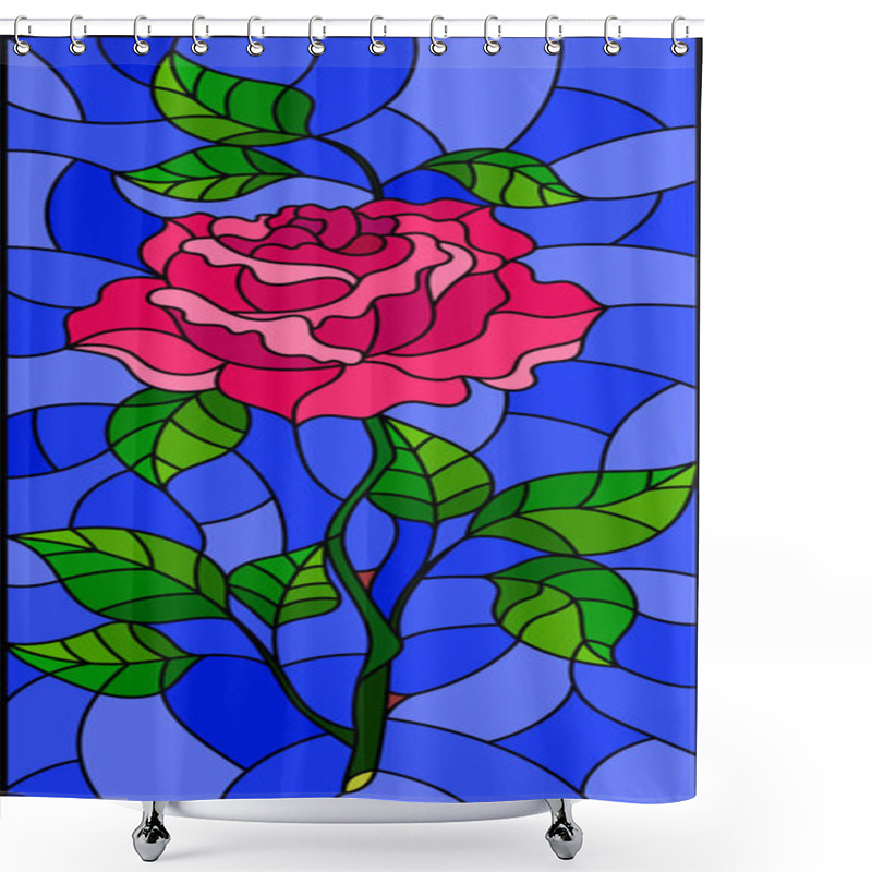 Personality  Illustration In Stained Glass Style Flower Of Pink Rose On A Blue Background Shower Curtains