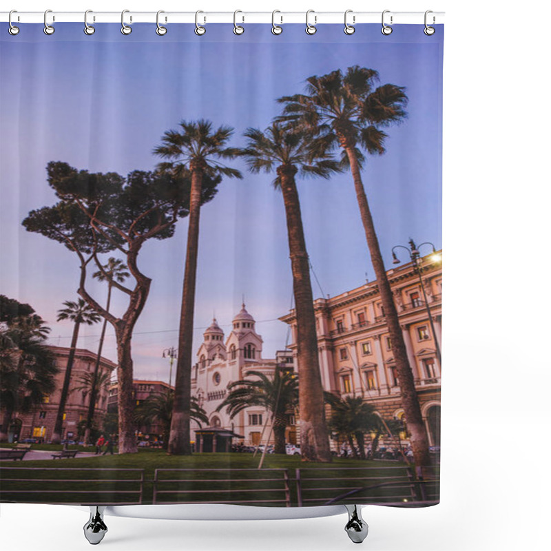 Personality  ROME, ITALY - 10 MARCH 2018: Bottom View Of Palm Trees In Square At Rome In Evening Shower Curtains