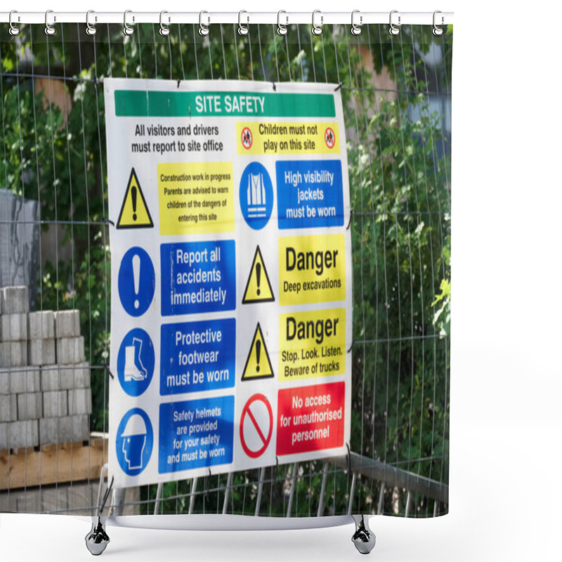 Personality  Construction Site Health And Safety Message Rules Sign Board Signage On Fence Boundary Shower Curtains