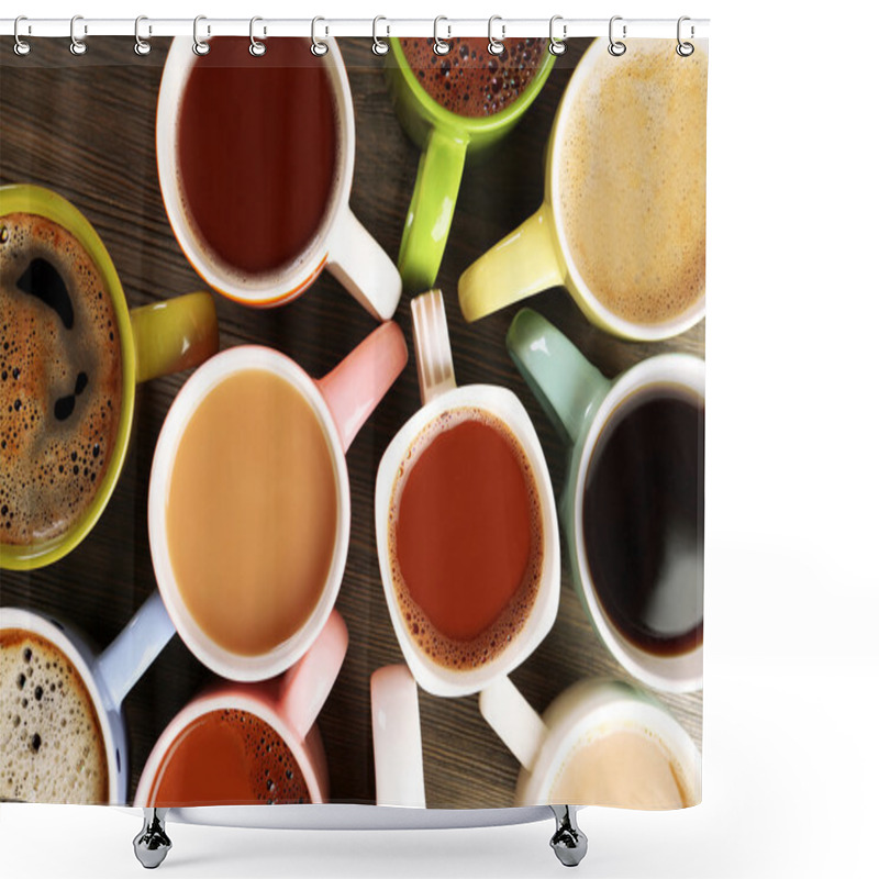 Personality  Many Cups Of Coffee On Wooden Table, Top View Shower Curtains