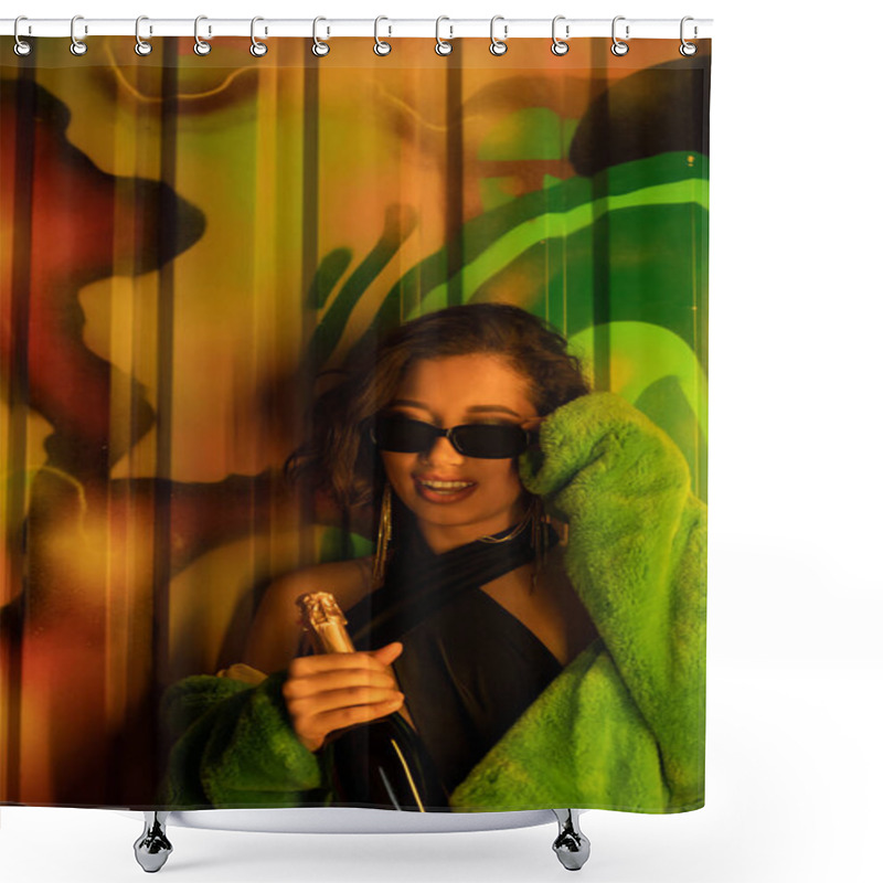 Personality  Joyful And Stylish Asian Woman Wearing Sunglasses And Holding Champagne Near Graffiti In Night Club Shower Curtains