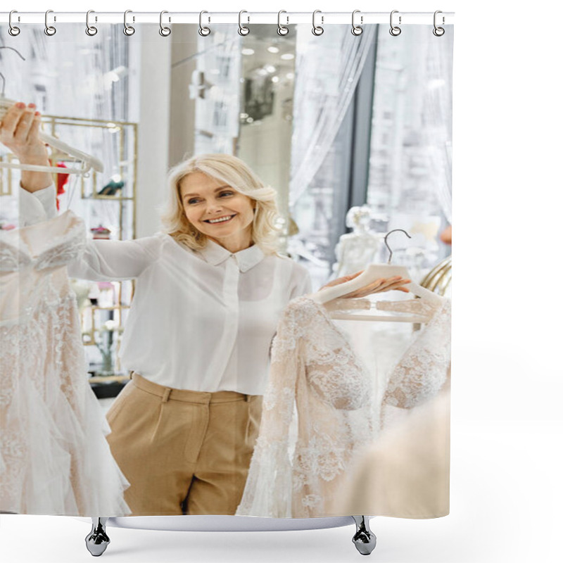 Personality  Blonde Shop Assistant Holding Wedding Dresses, Standing In Front Of A Rack Of Elegant Gowns Shower Curtains