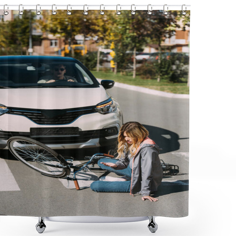 Personality  Young Woman Mowed Down By Driver In Car On Road, Car Accident Concept Shower Curtains