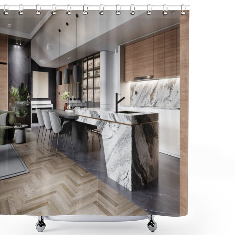 Personality  Modern Open-concept Living Space Featuring A Sleek Marble Island With Black Veining, Wooden Cabinetry, And Sophisticated Pendant Lighting, Highlighting A Minimalist Aesthetic With Natural Tones And Elegant Materials, 3D Rendering, 3D Illustration Shower Curtains