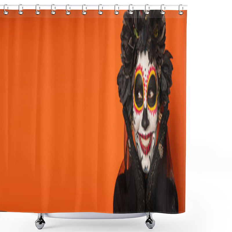 Personality  Cheerful Woman In Mexican Day Of Death Makeup Touching Face Isolated On Orange, Banner Shower Curtains