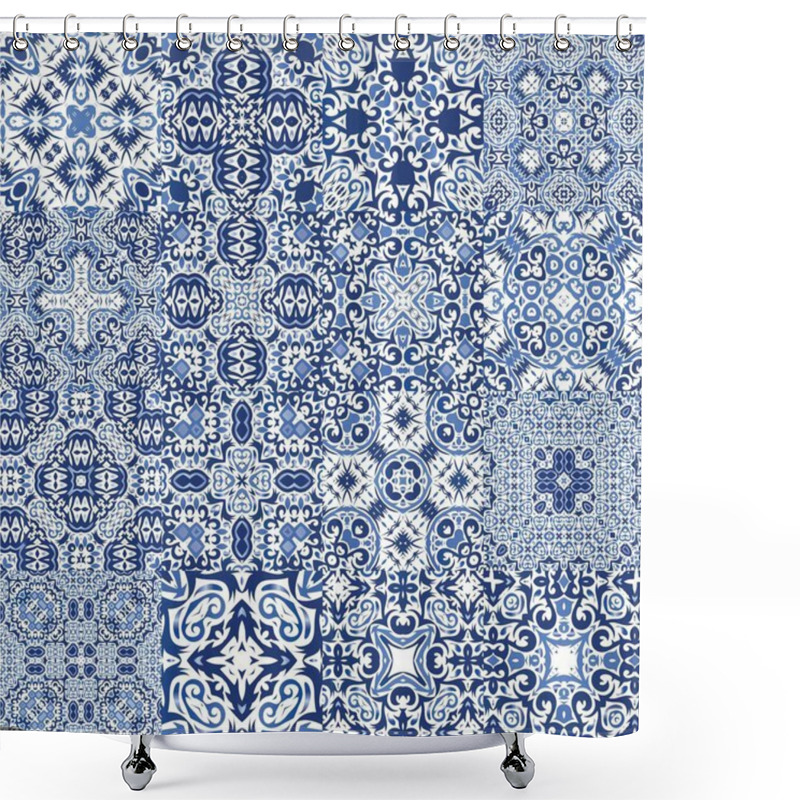 Personality  Antique Azulejo Tiles Patchworks. Set Of Vector Seamless Patterns. Stylish Design. Blue Spain And Portuguese Decor For Bags, Smartphone Cases, T-shirts, Linens Or Scrapbooking. Shower Curtains