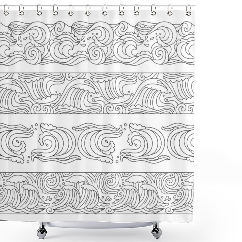 Personality  Sea Wave Doodle Pattern Set Border Ornament Vector Shower Curtains