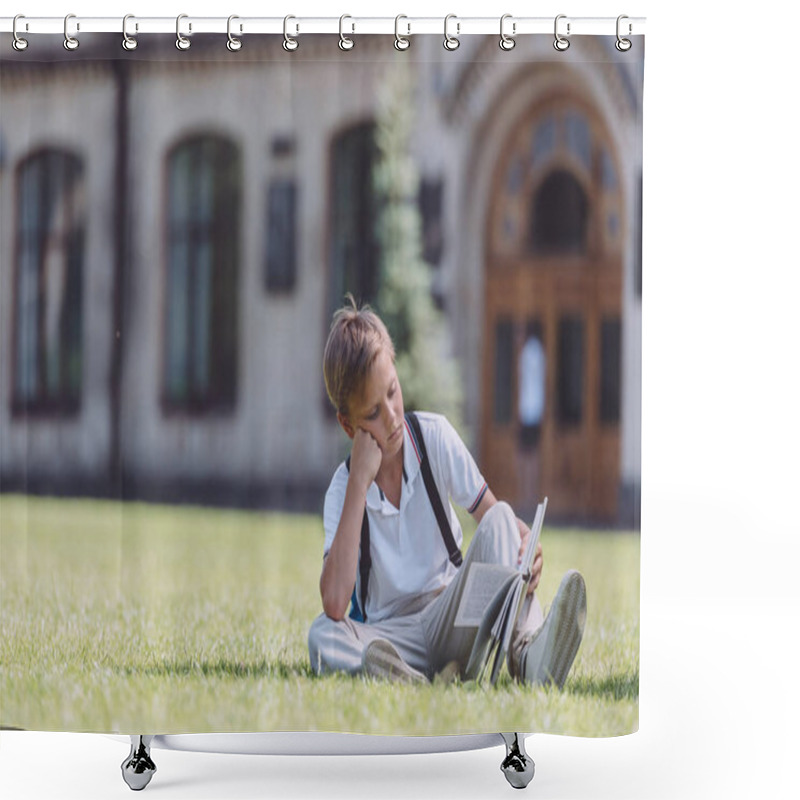 Personality  Attentive Schoolboy Sitting On Lawn Near School And Reading Book Shower Curtains