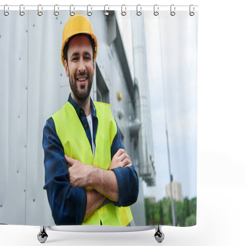 Personality  Male Smiling Engineer In Safety Vest And Helmet Standing With Crossed Arms Shower Curtains