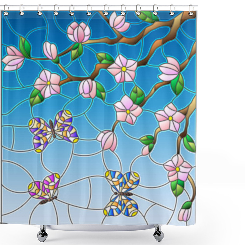 Personality  Illustration In Stained Glass Style With Abstract Cherry Blossoms And Butterflies On A Sky Background Shower Curtains