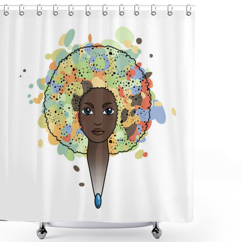 Personality  Portrait Of A Woman With Luxuriant Hair In The Style Of An African. Vector. Shower Curtains