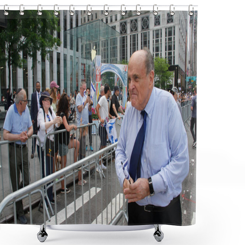 Personality  Andrew And Rudy Guiliani At Israel Parade 2022. May 22, 2022, New York, USA: The Candidate To New York Governorship, Andrew Guiliani And His Father, Rudy Guiliani, Ex Mayor Of New York At The Israel Parade 2022.  Shower Curtains