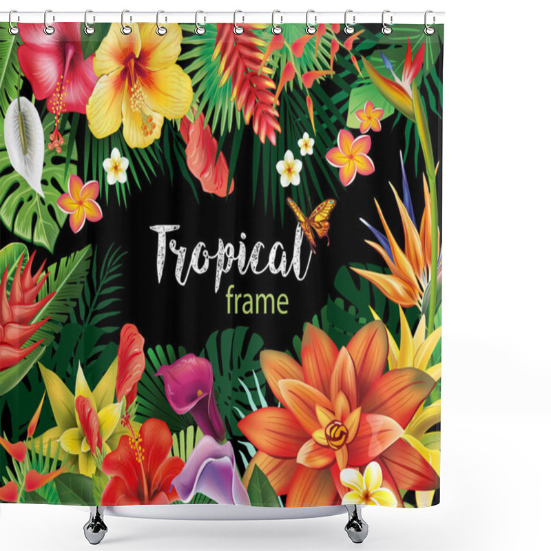 Personality  Frame With Tropical Plants And Flowers Floral Vector Illustration Shower Curtains