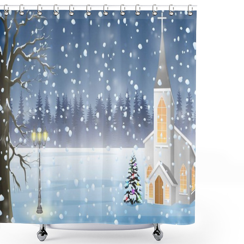 Personality  Winter Landscape With Church, Christmas Night Background Shower Curtains