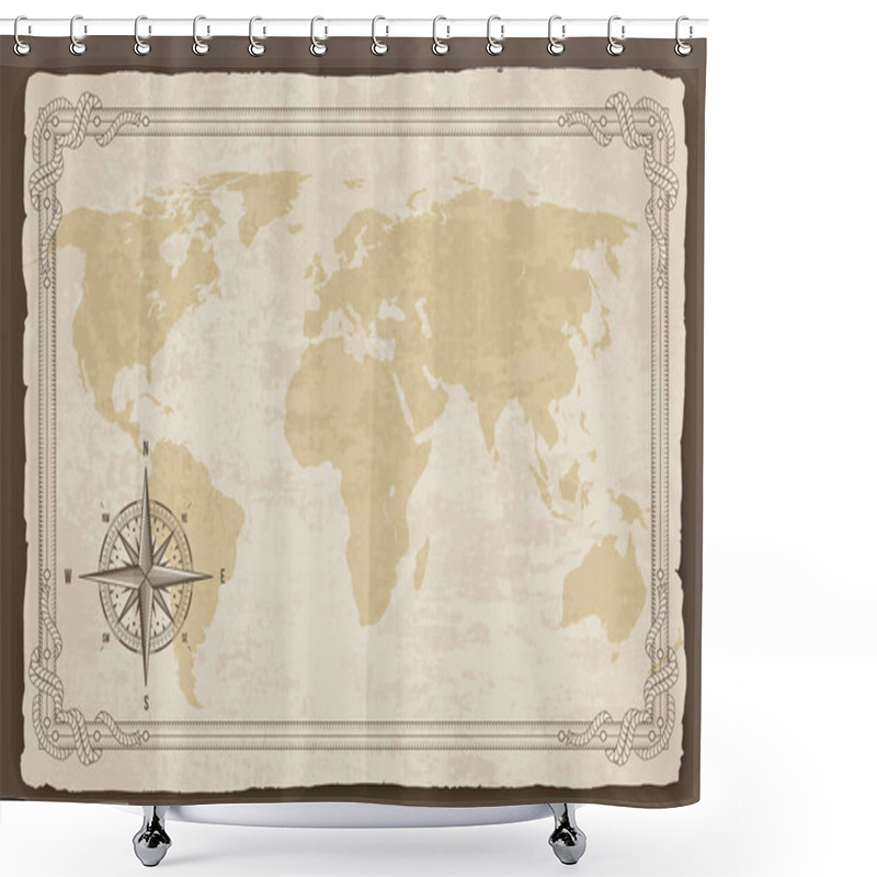 Personality  Old Map Frame With Retro Nautical Compass On Old Paper Texture. Hand Drawn Antique Nautical Old Vector Background. Wind Rose For Sea Marine Navigation. Vintage Marine Theme In Vector Shower Curtains