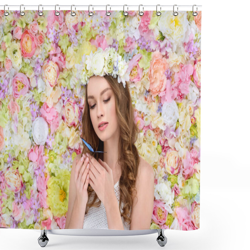 Personality  Young Woman With Curly Hair In Floral Wreath With Butterfly On Hand Shower Curtains