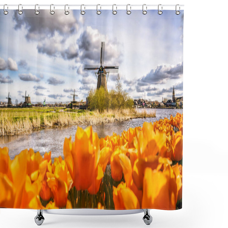 Personality  Traditional Dutch Windmill With Tulips In Zaanse Schans, Amsterdam Area, Holland Shower Curtains