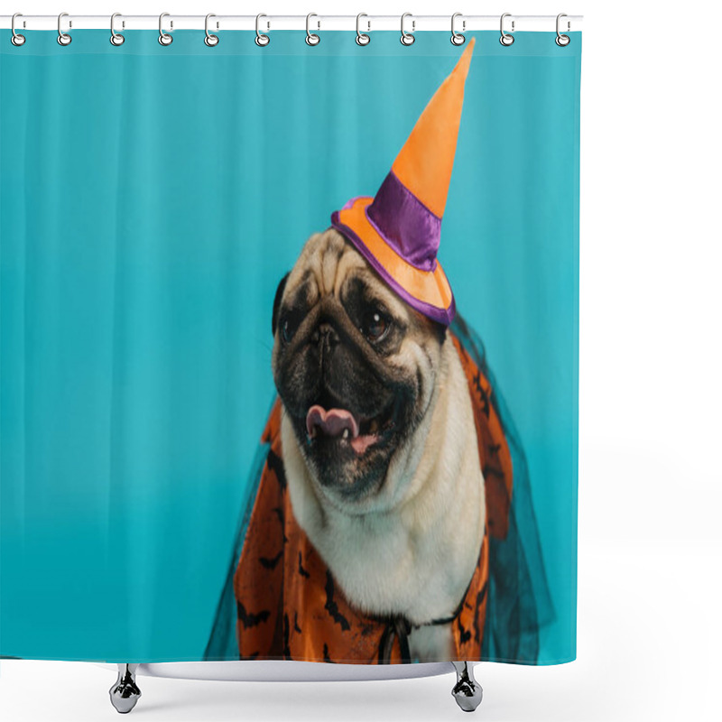 Personality  Purebred Pug Dog In Halloween Cloak And Pointed Hat Isolated On Blue  Shower Curtains