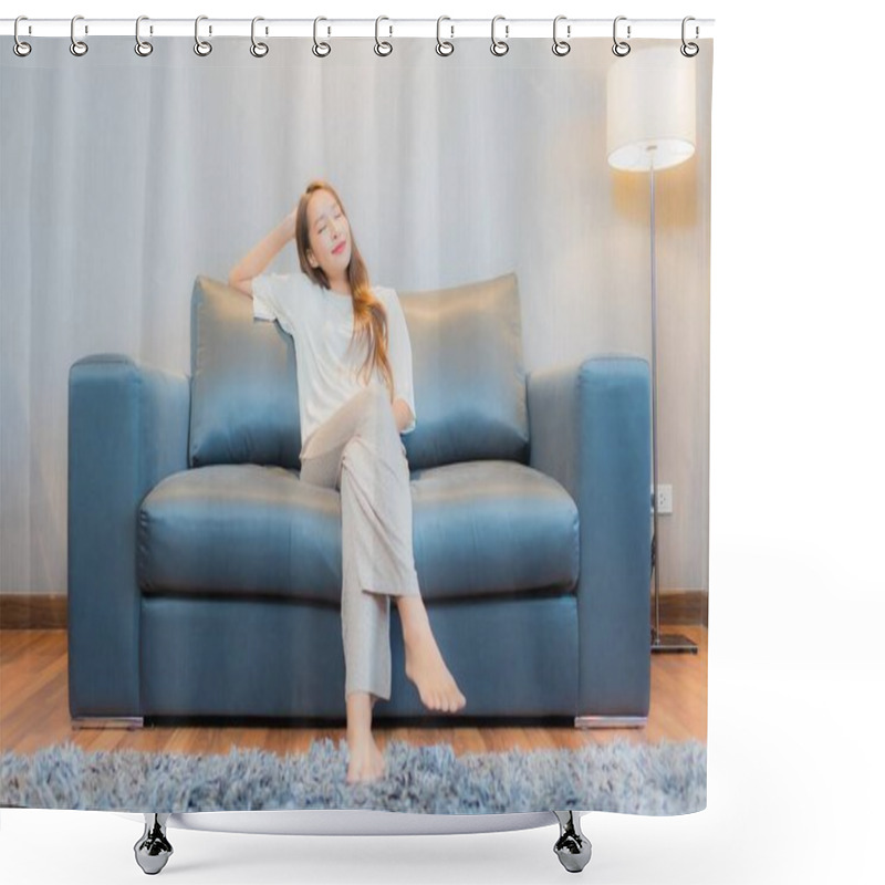 Personality  Portrait Beautiful Young Asian Woman Relax On Sofa In Living Room Interior Shower Curtains